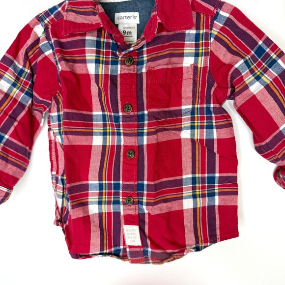 Carter's Baby Boy Plaid Button Down Shirt One Piece Set Red Blue Size 9 Months - Picture 4 of 13